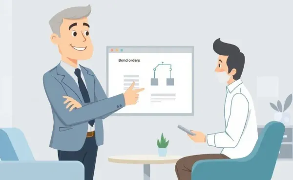 Cartoon-style illustration of a financial advisor explaining bond orders to a client