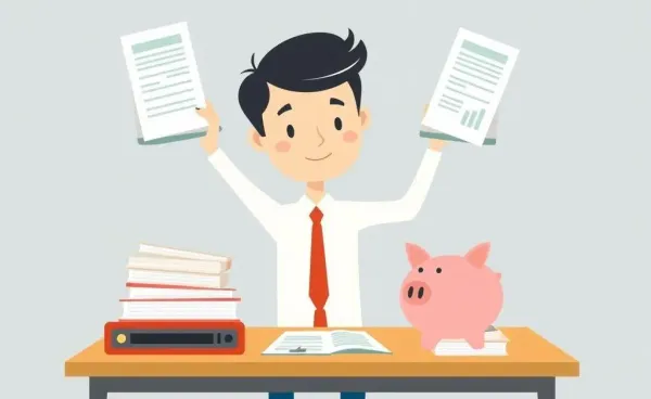 A cartoon illustration of a person balancing financial documents and a piggy bank on a desk