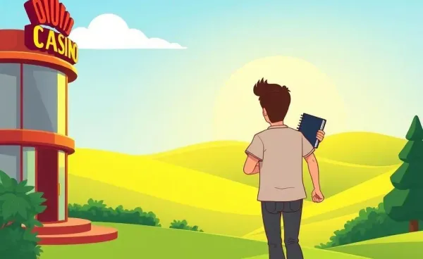 A person walking away from a casino towards a peaceful landscape.