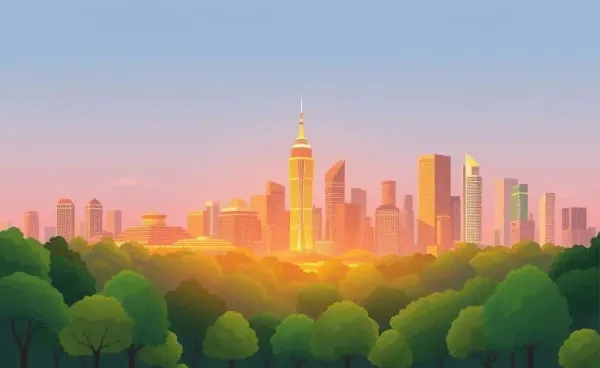 A peaceful landscape with a vibrant skyline, symbolizing balance between chaos and composure.