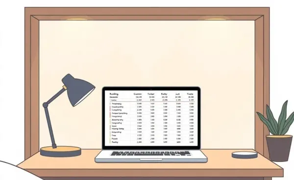 Illustration of a peaceful workspace with a budgeting spreadsheet on a laptop