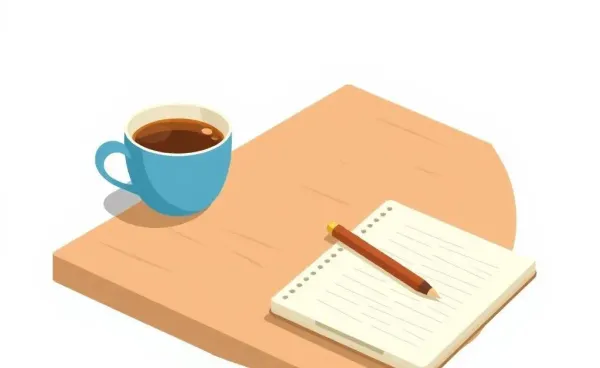 A cozy setting with a cup of tea, a notepad, and a pen on a wooden table.
