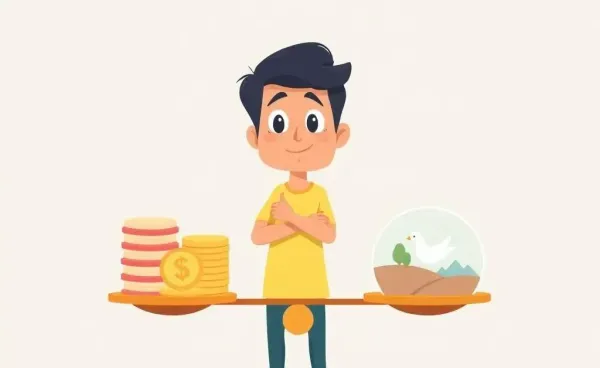 A balance scale with money and peace of mind representing financial decision-making