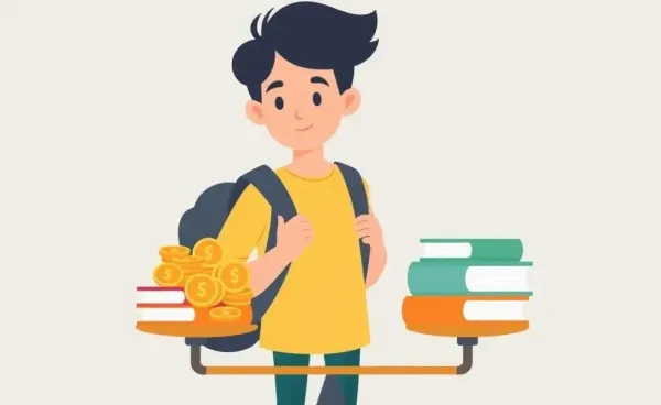 Young adult balancing coins and books on a scale.