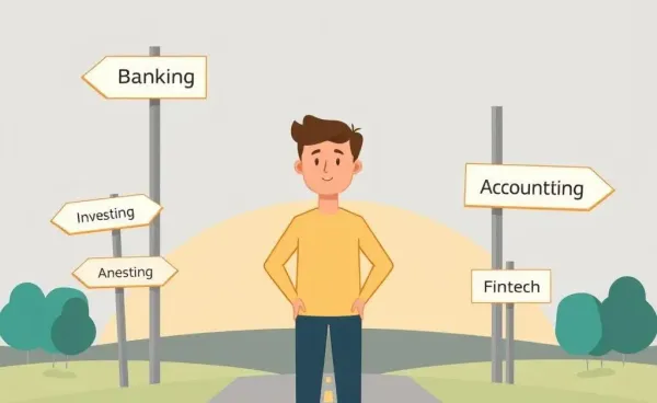 Cartoon illustration of a person at a crossroads with various financial career paths