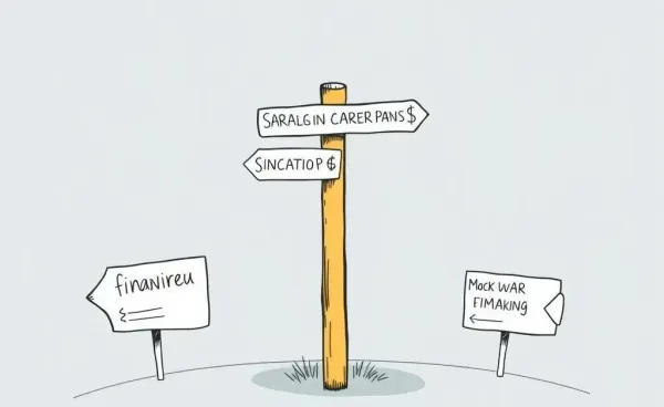 Illustration of a crossroads with signposts leading to different financial career paths.