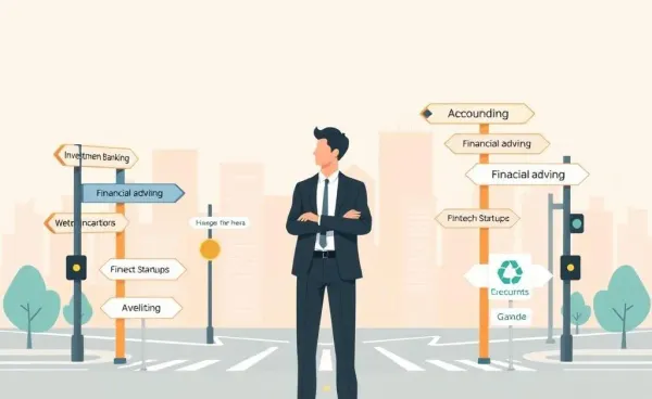 Illuminated crossroads with different financial career directions