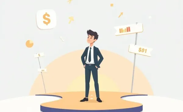 A young professional at a career crossroads with financial symbols