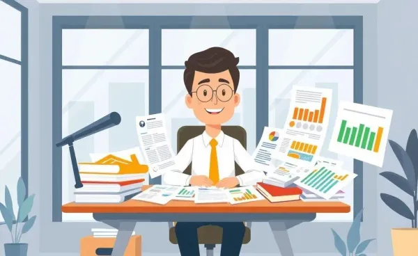 Person at a desk covered with financial documents and charts