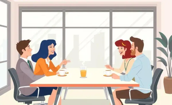 People discussing financial careers at an office desk