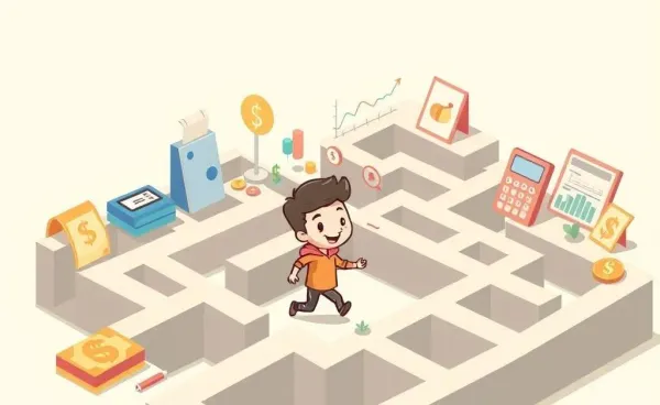 Person navigating a maze made of finance symbols