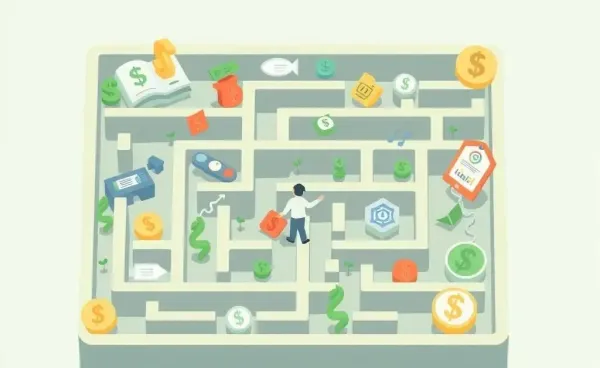 A cartoon maze of financial symbols navigated by a person