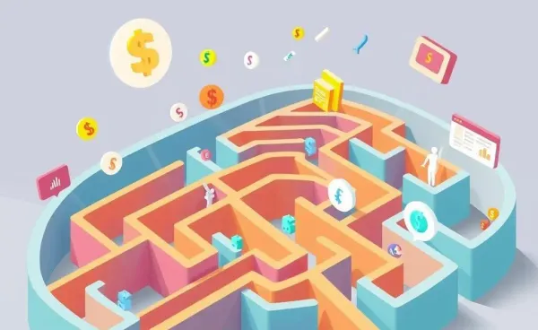 Illustration of a colorful maze with financial symbols