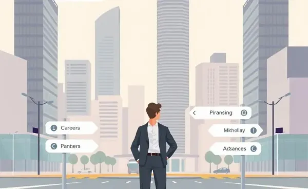 Illustration of a person at a crossroads in a financial district