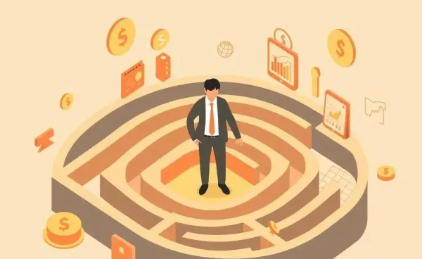 Person navigating a career path maze with financial symbols