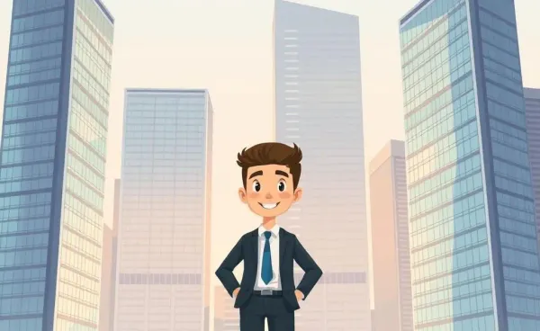 A confident young professional in a cityscape of skyscrapers representing financial career success