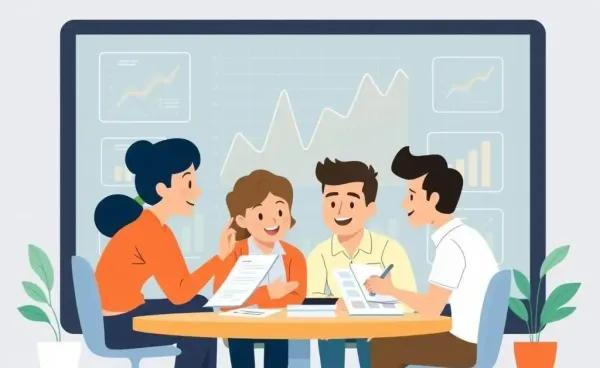 People collaborating on financial strategies amidst digital graphs and charts
