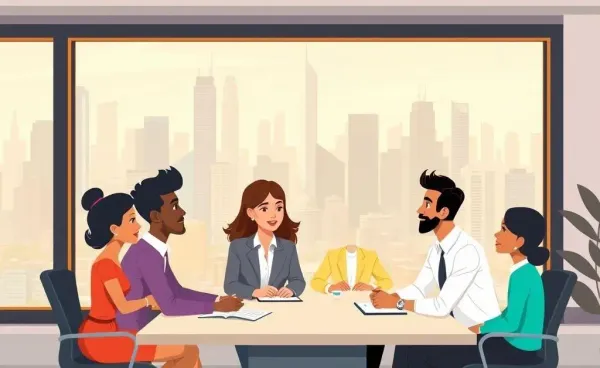 A diverse group discussing financial careers around a desk with a cityscape view