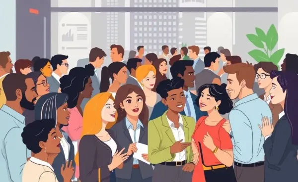 A diverse group of professionals networking at a financial event