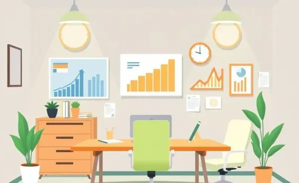 Cartoon-style office space with financial career symbols