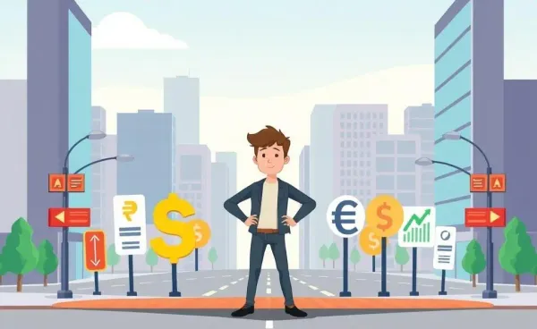 Person standing at a crossroads with financial signs symbolizing choices.
