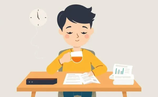 A calming scene of someone sipping tea at a desk with financial papers.