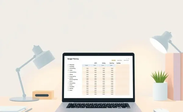 A serene workspace with a laptop showing a budget planner