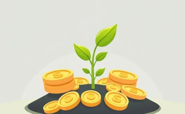 A plant growing from a seed with coins around it, symbolizing financial compounding.