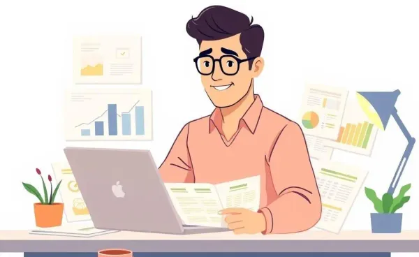 A person in their 30s reviewing financial documents at a desk.