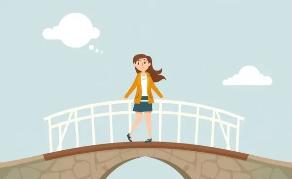 Illustration of a woman crossing a bridge symbolizing a journey from self-doubt to financial confidence