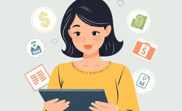 Woman reviewing her budget with financial icons around her