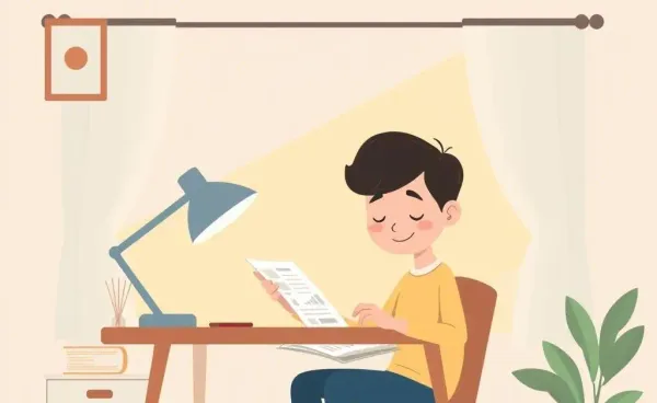 Cartoon of person analyzing finances at a cozy, inviting desk