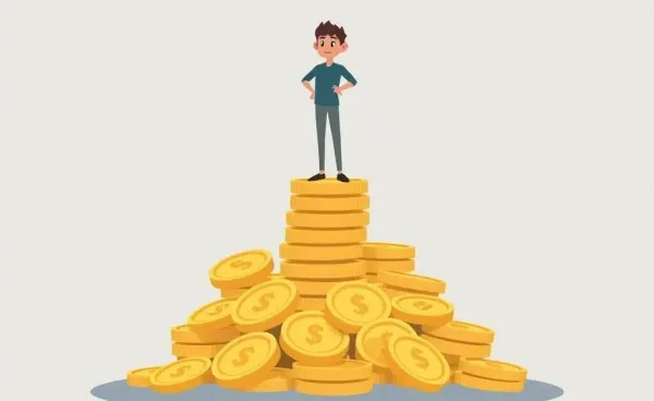 Illustration of a person radiating confidence while standing on coins
