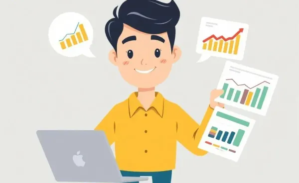 Person confidently managing finances with charts and a laptop.