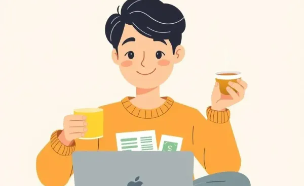Cartoon-style person reviewing finances with a laptop and tea