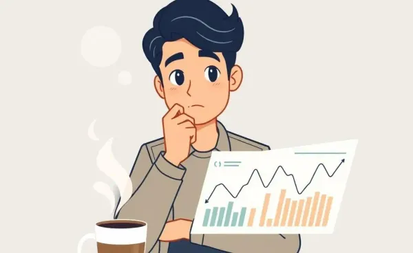 Person contemplating financial charts over coffee
