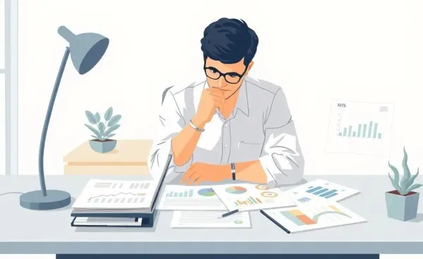 A cartoon-style image of a person thinking over financial documents