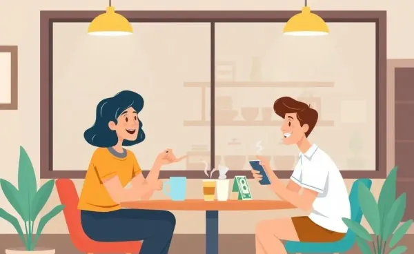 Two friends having a financial conversation over coffee in a cozy setting