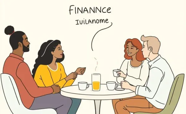 An intimate setting where diverse people discuss finances over tea