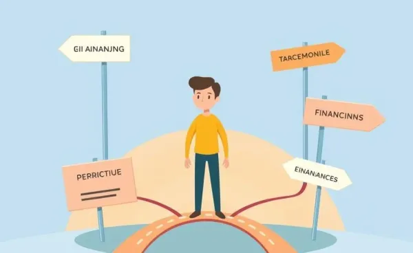 A person at a crossroads with financial decision signs