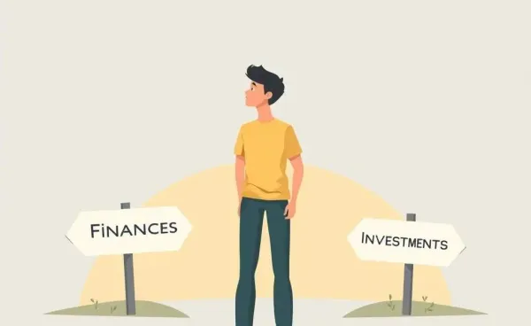 A young adult at a financial crossroads with labeled pathways for planning.