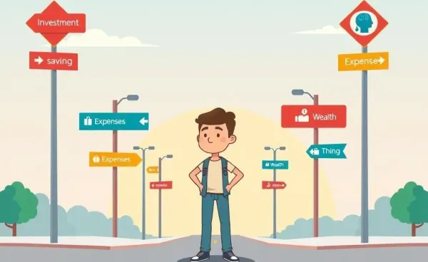 A cartoon-style depiction of a person at a financial crossroads.