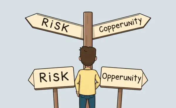 Illustration of a person deciding between risk and opportunity at a crossroads