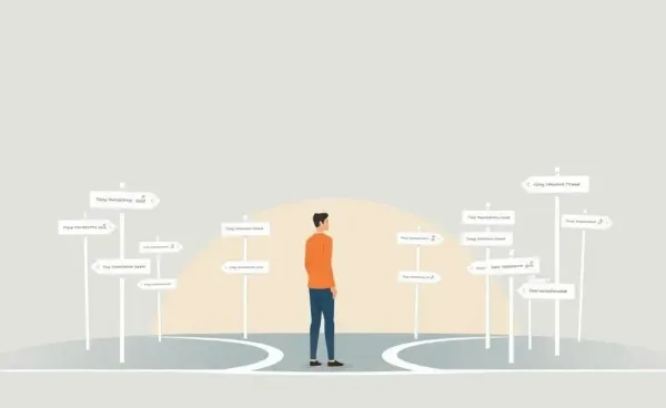 A person at a crossroads with financial decisions signposts