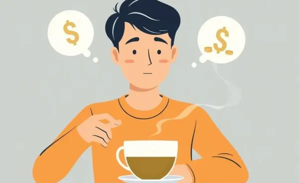 A cartoon-style person thinking about financial decisions over a cup of tea