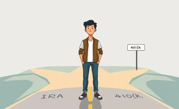 A person deciding between Roth IRA and 401(k) depicted at a fork in the road