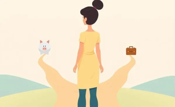 A hand-drawn illustration of a woman at a crossroads of financial decision-making