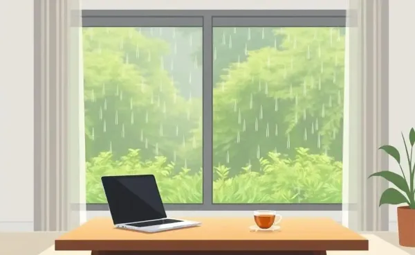 A cozy living room with a laptop open on a table and a cup of tea.