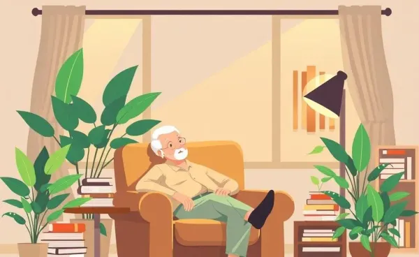 A peaceful living room with an elderly person making financial decisions.