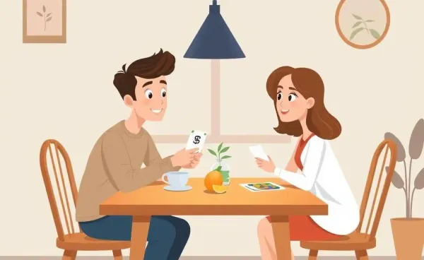 Young couple discussing finances at a dining table